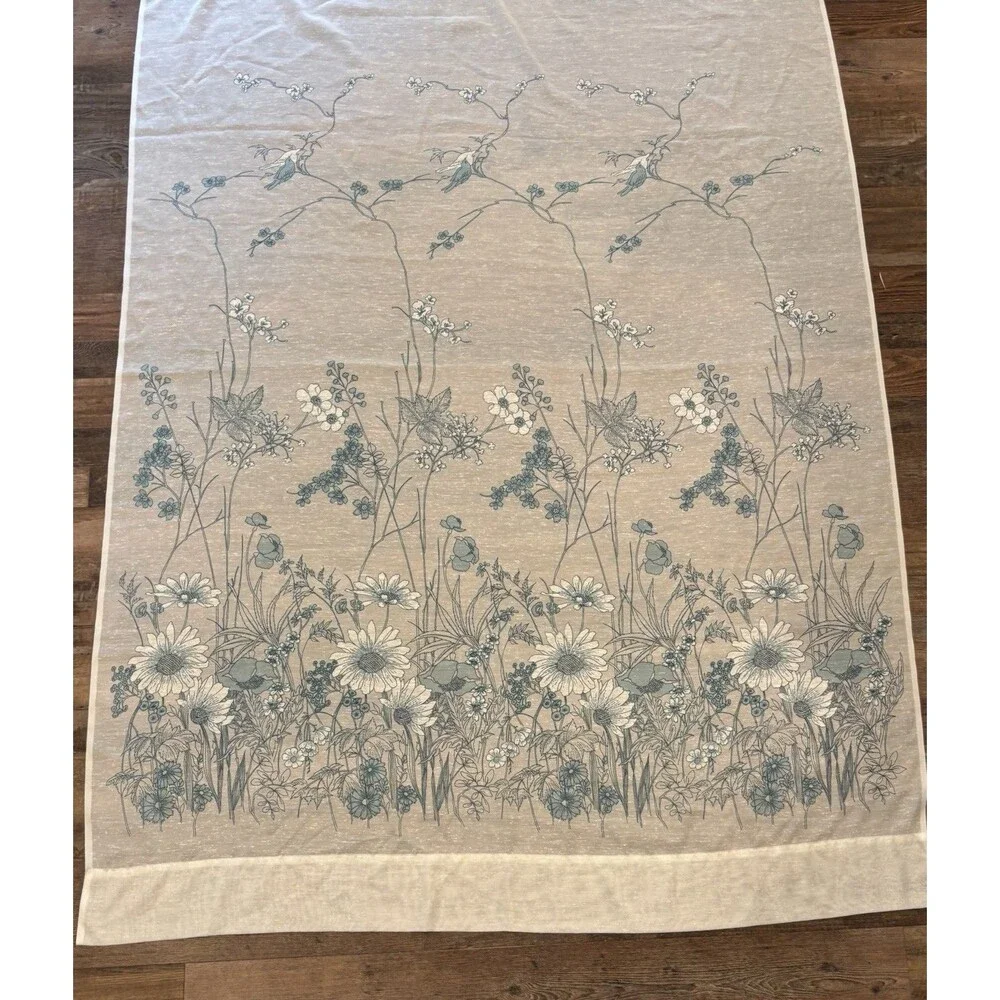Vintage 70’s Curtain Panel (1) Blue Floral Sheer White 60”x84” Retro MCM Cottage